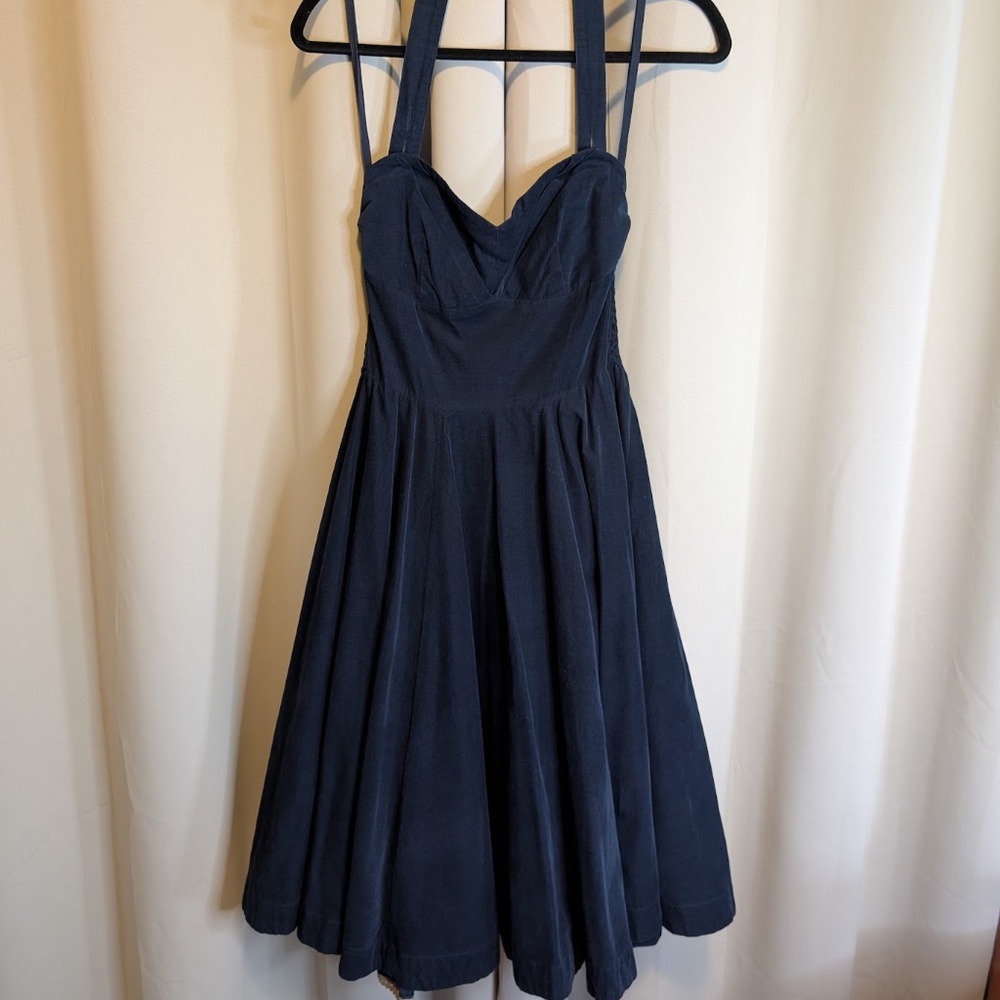 Anthropologie Girls from Savoy Blue Corduroy Halter Dress Semi-Formal